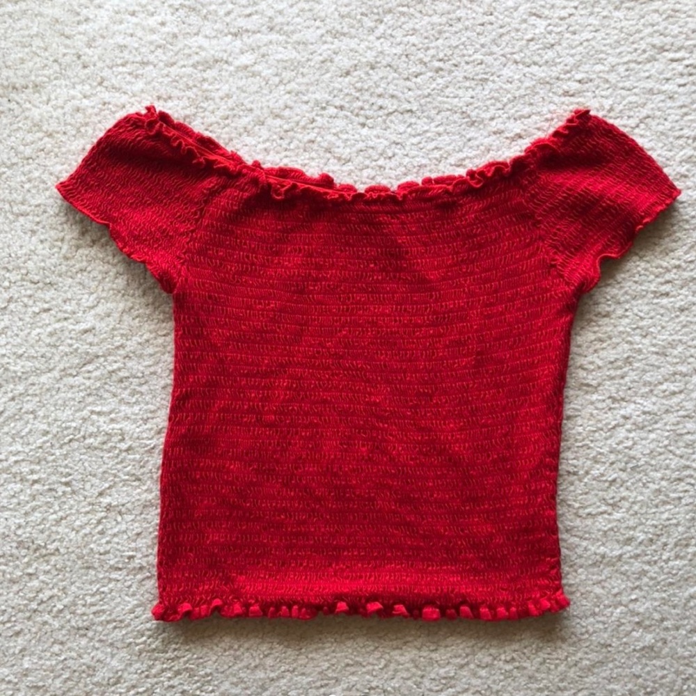 SOLD ON DEPOP - Brandy Melville red ruched off the should top